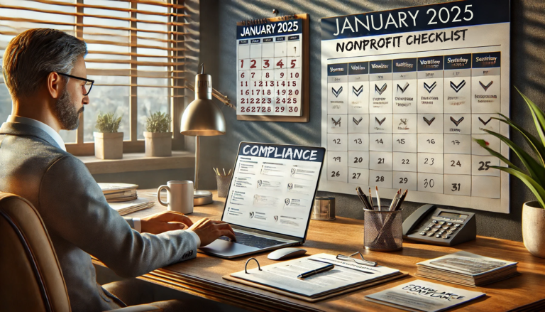 A man in a gray suit sits at a wooden desk in a well-lit office, working on a laptop displaying a "COMPLIANCE" checklist. Behind him, a large wall calendar labeled "JANUARY 2025 NONPROFIT CHECKLIST" shows various tasks checked off throughout the month. A smaller calendar for January 2025 hangs beside it. The desk holds a mug, paperwork, a clipboard, a pen holder, and a calculator. Sunlight streams through wooden blinds, illuminating the room and highlighting small potted plants on the windowsill.