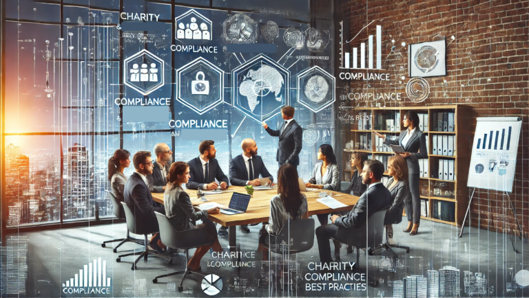 A group of professionals in business attire sitting around a conference table in a modern office setting, engaging in a discussion. The background features large windows with a cityscape view and a brick wall adorned with various digital graphics and icons related to compliance, charity compliance, and best practices. A presenter stands at the front of the room, pointing to a digital display with compliance-related symbols and charts.