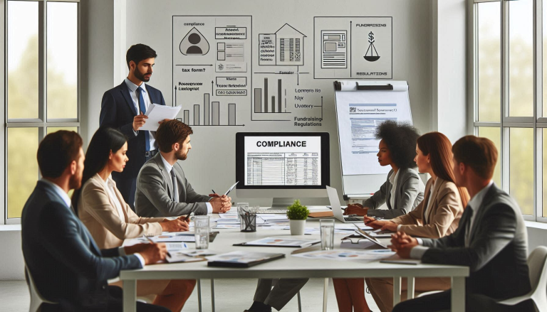 A group of professionals seated at a conference table in a modern office setting, engaging in a meeting focused on compliance. One man, standing at the head of the table, is presenting documents to the group, with charts, diagrams, and compliance-related information displayed on the wall and flip charts behind him. A computer monitor in the middle of the table displays the word "COMPLIANCE" along with a table of data. The attendees appear focused, with papers and laptops in front of them, discussing regulat