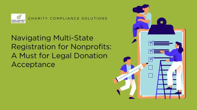 Illustration for Charity Compliance Solutions, Inc. presenting 'Navigating Multi-State Registration for Nonprofits: A Must for Legal Donation Acceptance'. The image shows a large clipboard with a checklist, with three stylized people engaging with the checklist. One person, sitting on top of the clipboard, is looking over, another is checking off items, and a third is holding a pencil, ready to check off more items. The color scheme is green, blue, and white, emphasizing a theme of organization and preparat