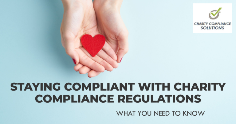 hands holding a red paper heart to refer to nonprofit organizations with text that says staying compliant with charity compliance regulations