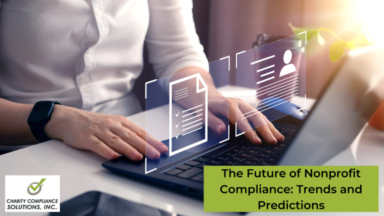 Promotional graphic for Charity Compliance Solutions, Inc., featuring a person working on a laptop with digital icons symbolizing documents and profiles floating above the screen. The text overlay reads 'The Future of Nonprofit Compliance: Trends and Predictions'.