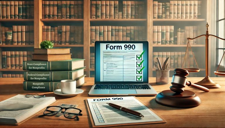 A legal-themed workspace featuring a laptop displaying a completed Form 990 with checkmarks, a gavel, scales of justice, compliance books titled "State Compliance for Nonprofits," "Federal Compliance for Nonprofits," and "Nonprofit Compliance," along with paperwork, glasses, a pen, and a coffee cup on a wooden desk, all set against a backdrop of law bookshelves.